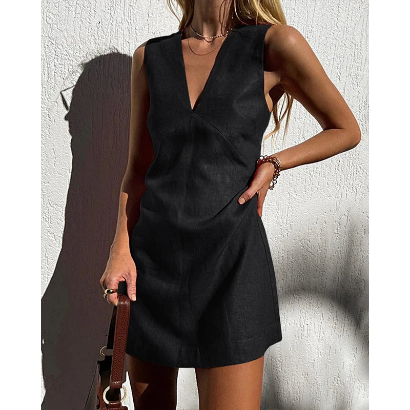 Cotton Linen Womens Dresses Sexy V-Neck Sleeveless Basic Tank Dress Chic Elegant Ladies Dresses Summer Sale Vestidos Para Mujer