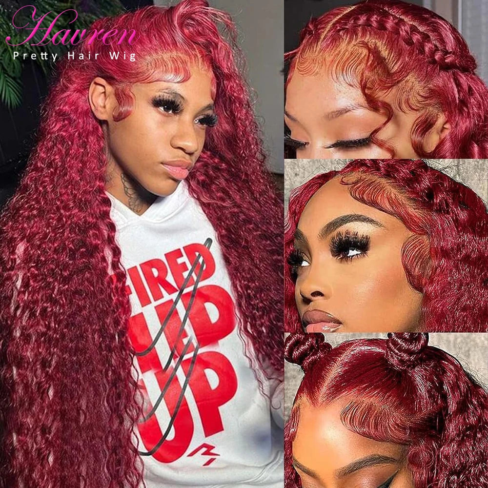 99J Burgundy Lace Front Wigs Human Hair 13x6 Deep Wave HD Lace Frontal Wigs Pre Plucked Human Hair Curly Wigs for Women 36 Inch