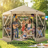 10 x 11 ft Pop Up Gazebo Screen Tent, Portable Instant Camping Canopy Screen House with Nettings, Carry Bag, Beige