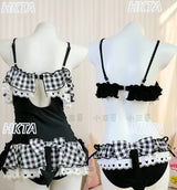 Sweet Cute Hot Girl Sexy Suspender Swimsuit Summer Casual Plaid Bow V Neck Lace Pleated Vacation Beach Black Bikinis Set Women