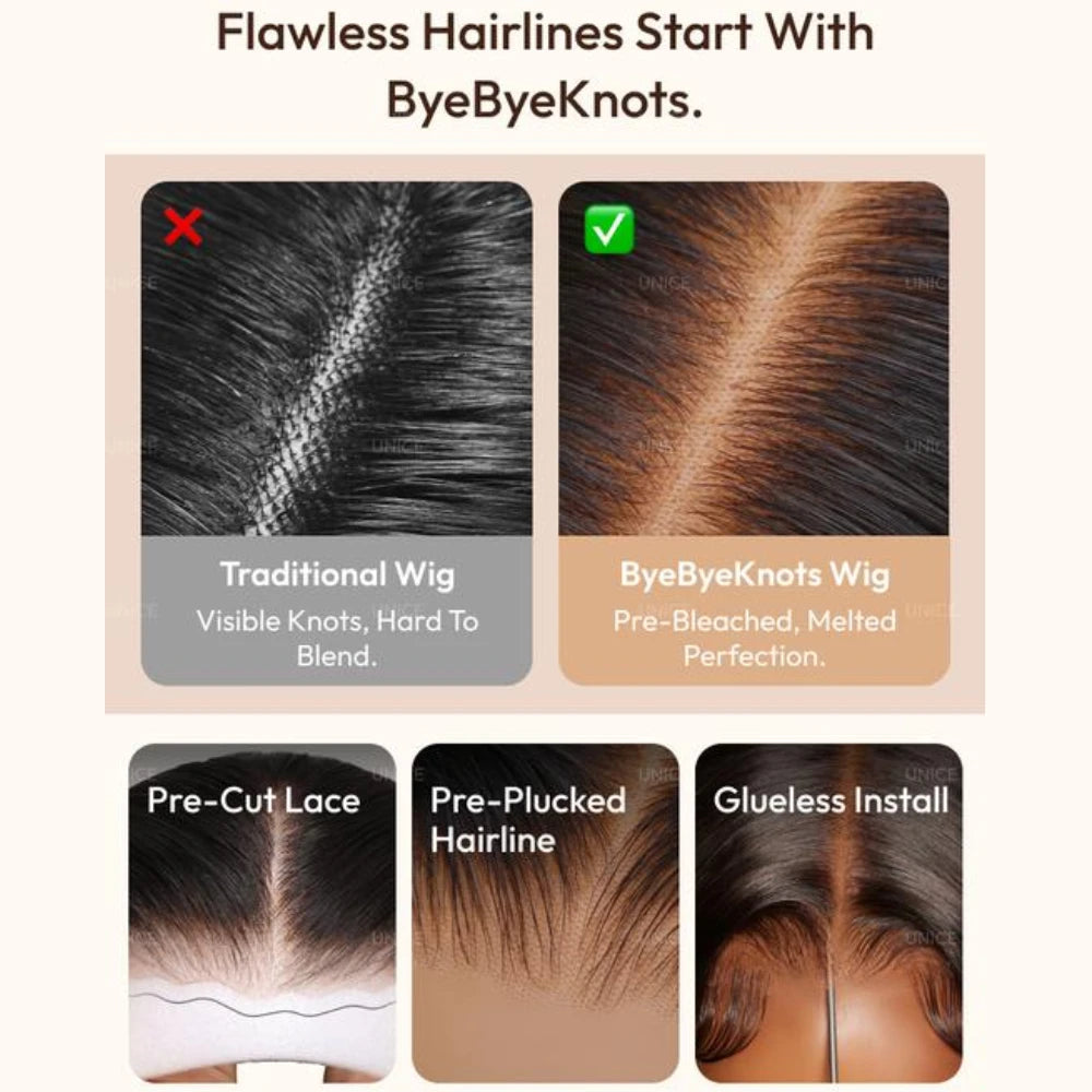 UNICE 7x5 Pre Cut Pre Bleached Glueless Wigs Human Hair Drawstring Cap Chesnut Brown Ombre Yaki Straight Wig 150% Density