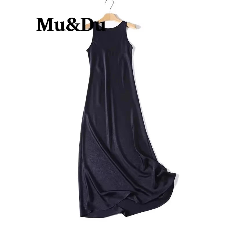 Elegant Backless Round Neck Long Dress Women's Fashion Minimalist Style Draped Polyester Fiber Sleeveless Skirt City Commute