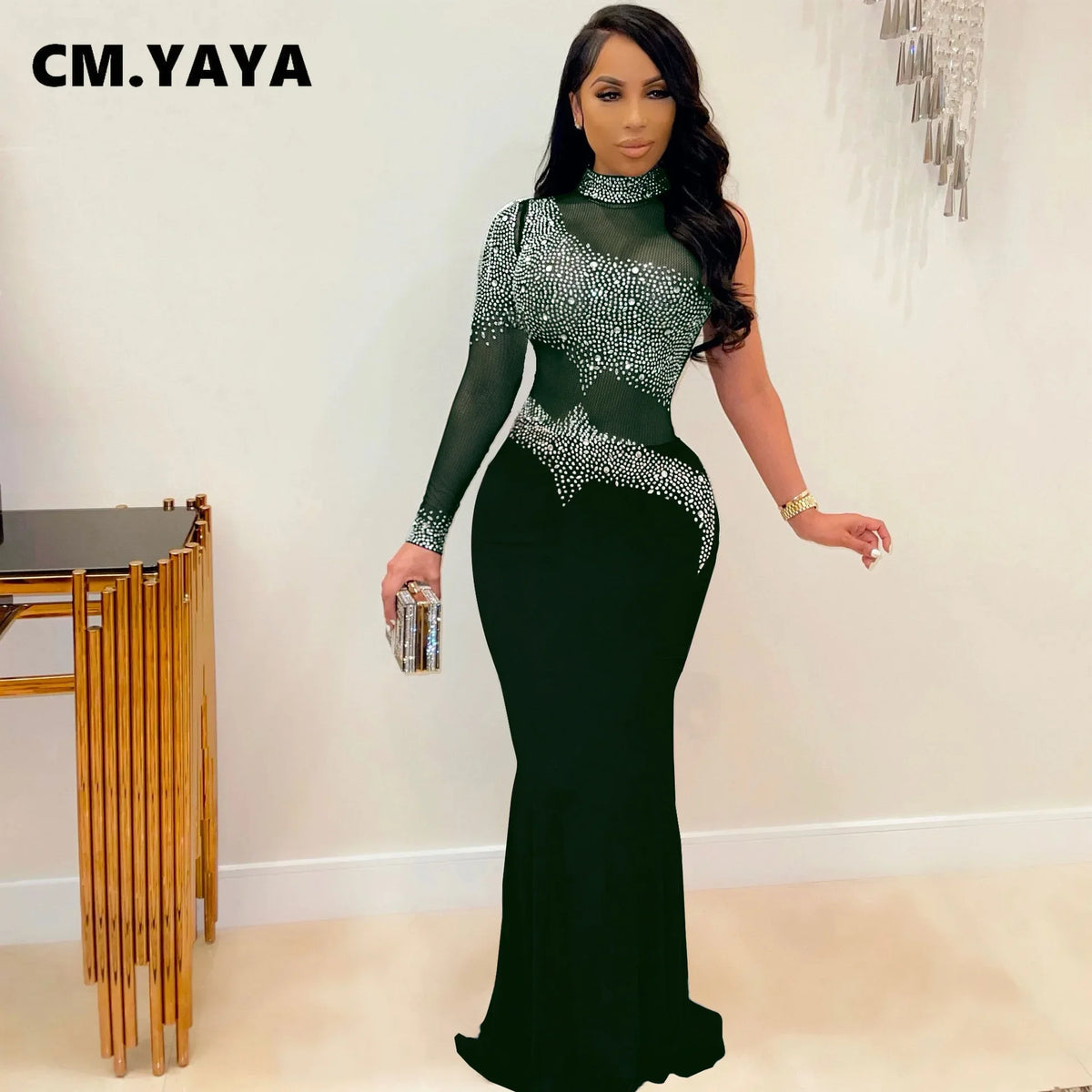 CM.YAYA Women Diamonds Hot Rhinestones Bodycon Midi Maxi Mermaid Dress Elegant Sexy Party Club One Long Sleeve Long Dresses