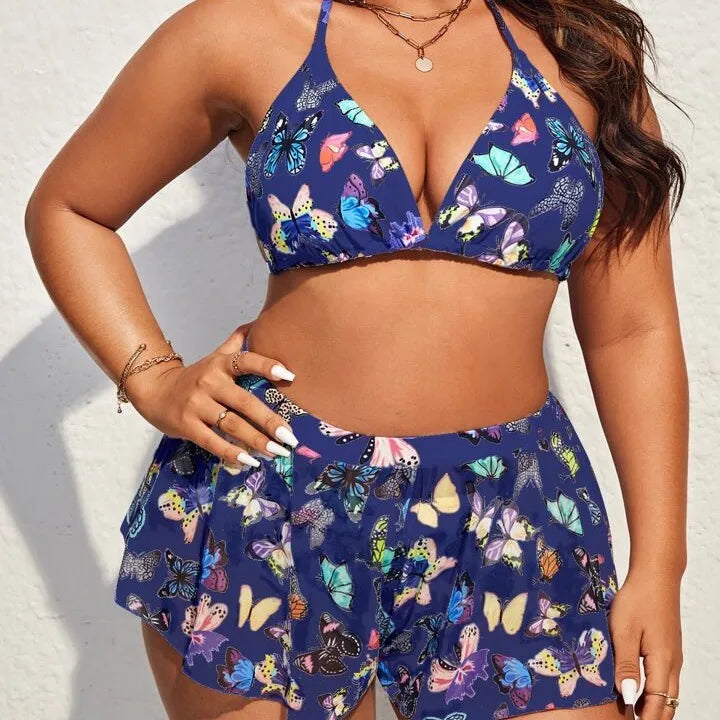 2026 Butterfly Print Plus Size Tankini Set Women Large Mesh Shorts SwimWear Ladies Beach Curvy Halter Backless 3 Piece Swimsuit
