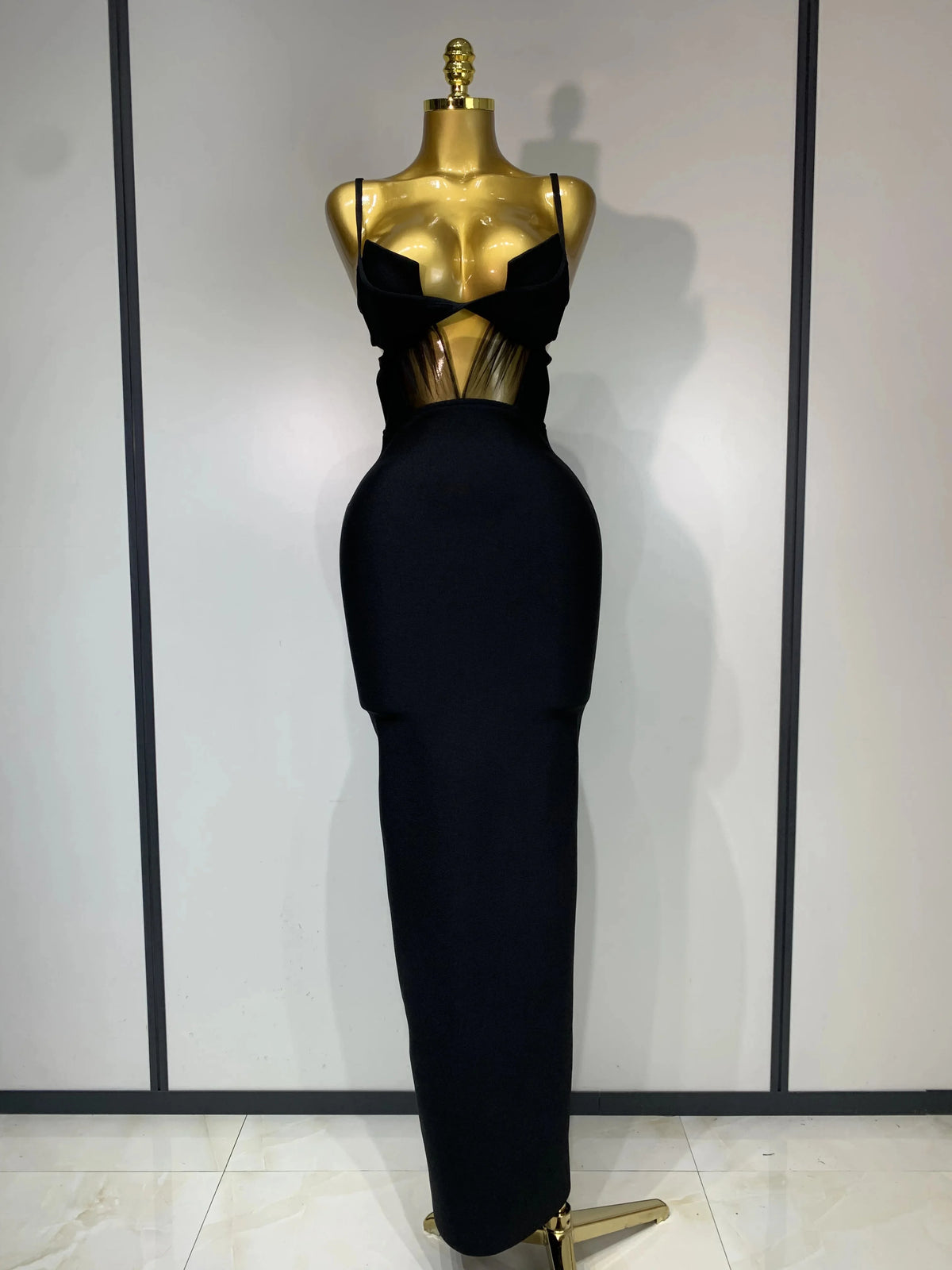 Fashion Black Spaghetti Strap Maxi Long Bandage Dress Mesh Cut Out Elegant Celebirty Bodycon Evening Club Party Birthday Dresses