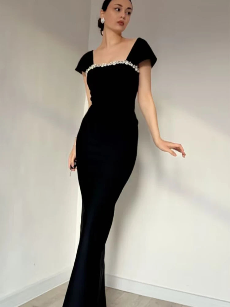 New Women's Short Sleevel Square Neck Diamonds Bandage Dress Floor Length Bodycon Fashion Celebrity Party Maxi Dress