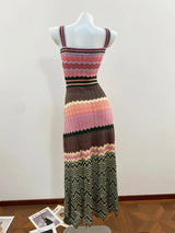 CHUJIE 2026 Summer Collection – French Vacation Style, Colorful Wave Knit Multi-Color Striped Slim-Fit Knit Camisole Dress