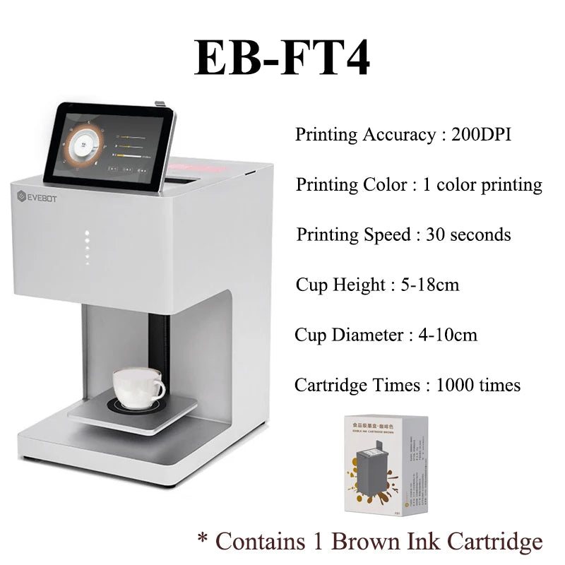Evebot Multicolor Coffee Drink Printer Color Printer Suitable for Printing Pictures 600dpi 7-inch Touch Screen