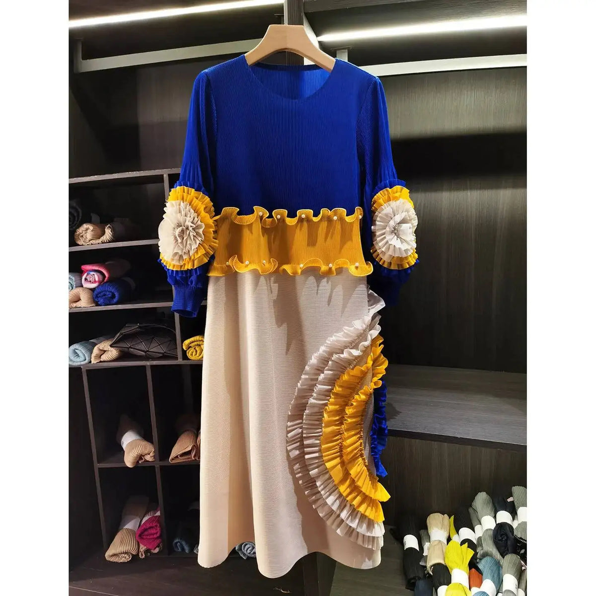 LANMREM Pleated Tie Flower Long Sleeve Women's Dress Chic New Loose Colorblock Patchwork Design Beading Famale Clothing 2DB6651