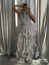 Sexy Cascading Ruffle Pleated Women's Long Dress Fashion Lace Up Sleeveless Empire Female Dresses 2026 Spring Summer Lady Robe