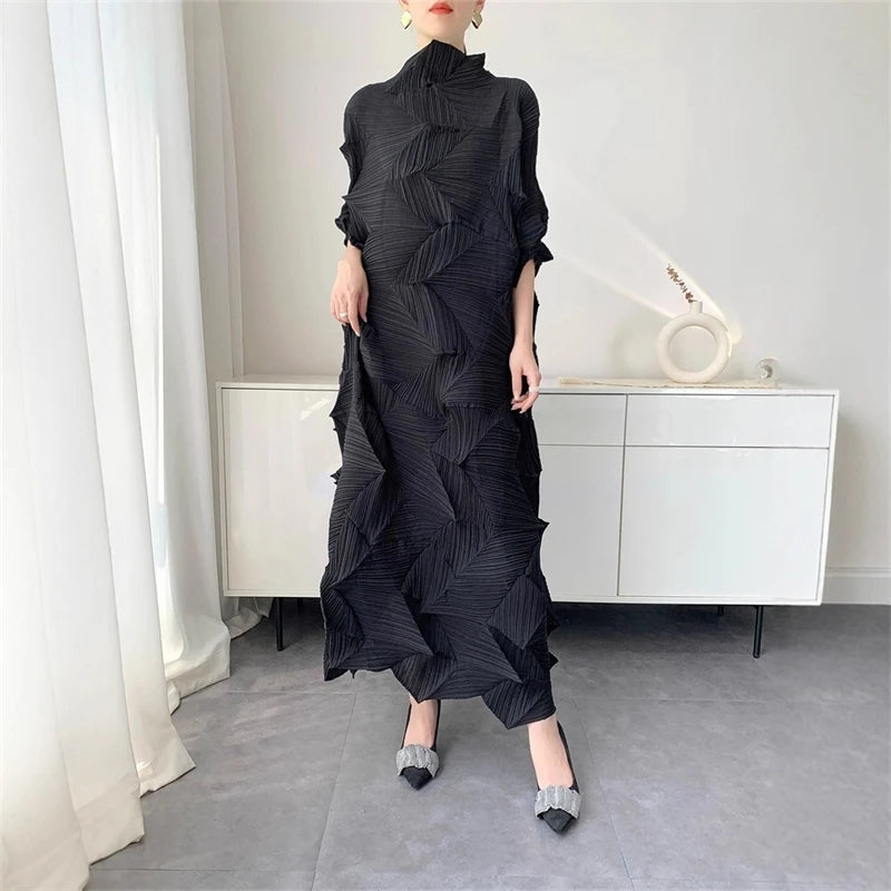 LANMREM Pleated Long Dress For Women Elastic Loose Irregular Pleated Stand Collar Pullover Famale Clothing Half Sleeve 2DB4256