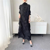 LANMREM Pleated Long Dress For Women Elastic Loose Irregular Pleated Stand Collar Pullover Famale Clothing Half Sleeve 2DB4256