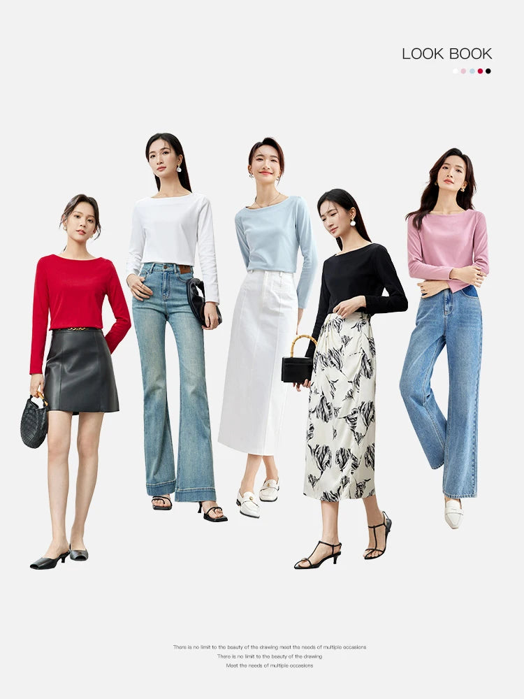 SENTUBILA Women's Cotton T-shirts 2026 Spring Autumn Simlple Long Sleeve Top Solid Basic Tee Shirts Female Pullovers 143T57728X