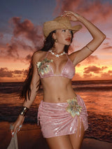 Sparkly 3 Piece Bikini Set with Skirt Women 3D Flower Halter Micro Swimsuit Shiny Ruched Drawstring Sarong Swimwear Bathing Suit