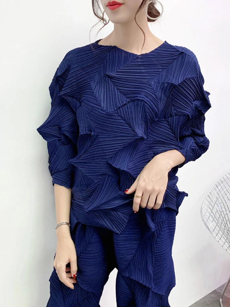 GVUW Diamond Pleated T-shirt For Women Solid Color Loose Luxury Top 2025 Autumn Three Quarter Sleeve Female Clothing 17D2822