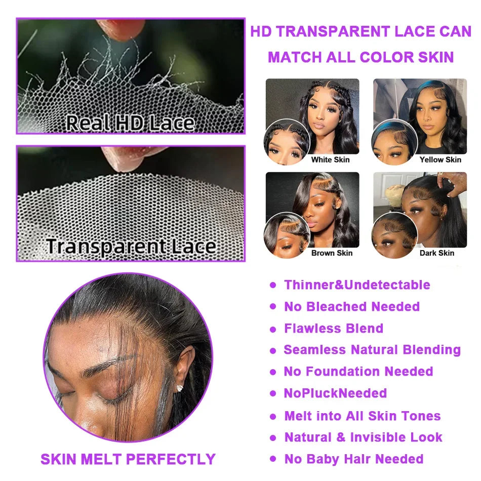 250 Density 40 42 Inch Body Wave Human Hair 13x4 HD Transparent Lace
