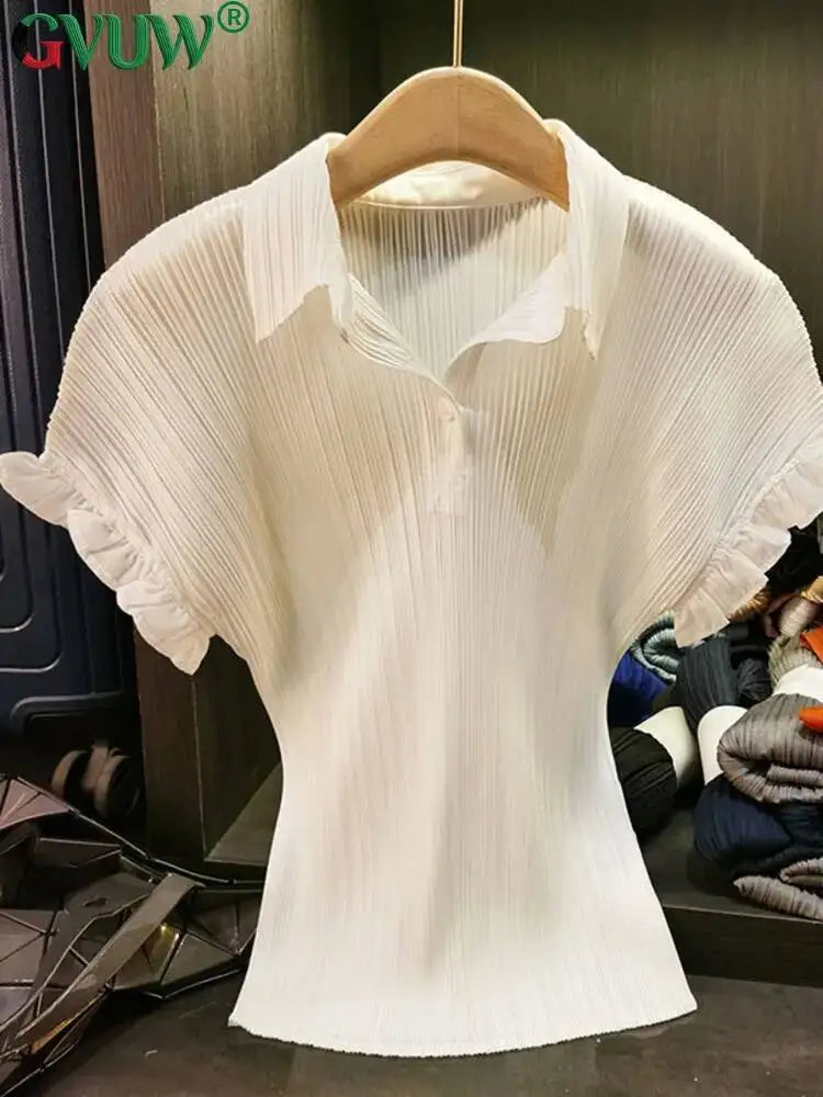 GVUW Fashion Solid Color Folds T Shirt Women's Turn Down Short Sleeve Slim Fit Top 2026 Summer New Tide 17S1582