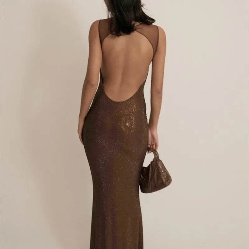 Multi Colours Backless Shiny Rhinestones Mesh Patchwork Long Dress For Women Slim Bodycon Evening Party Cocktail Gowns