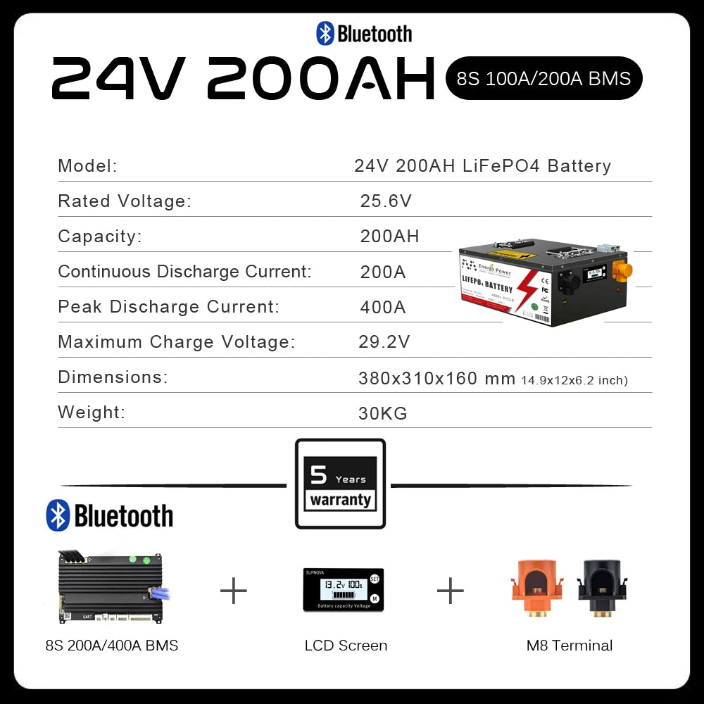 24V 48V 50Ah 100Ah 200AH LiFePO4 Battery Pack Built-in Bluetooth BMS For Solar Home Storage Golf Cart Boat RV Tax Free