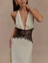 Sexy Deep V-neck Backless Lace Patchwork Satin Dresses for Women 2026 Summer Halter Sleeveless Long Maxi Party Evening Dress