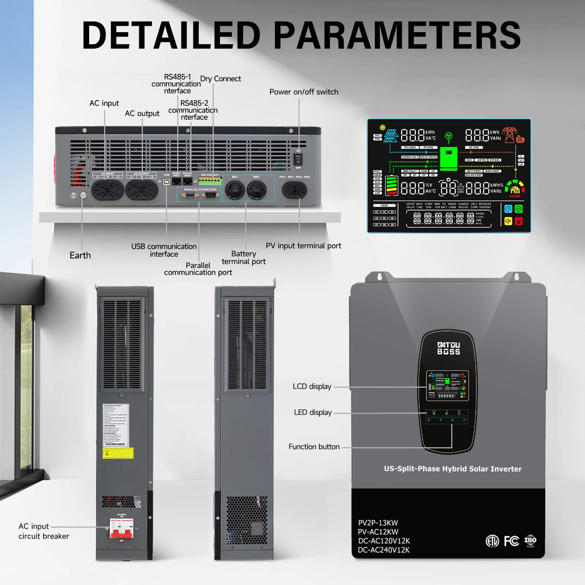 DATOUBOSS 12KW Solar Hybrid Split-Phase Inverter US Standard 240V Battery-Free Mode UPS Uninterruptible Power Supply Off-Grid