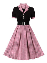 Tonval Black and Polka Dot Vintage Pleated Dresses Notched Collar 2025 Elegant Summer Women Short Sleeve Belted 50s Retro Dress