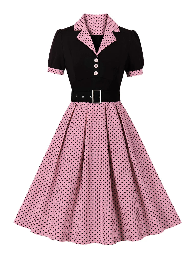 Tonval Black and Polka Dot Vintage Pleated Dresses Notched Collar 2025 Elegant Summer Women Short Sleeve Belted 50s Retro Dress