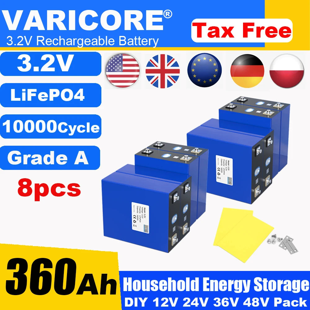 Grade A 3.2V 360AH 340Ah Battery LiFePO4 Lithium Iron Phospha for 12V 24V 4S E-scooter RV Solar Energy Storage System Duty-free