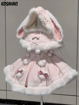 Japanese Lolita Two Pieces Set Women Sweet Patchwork Furry Slip Dress + Sweet Cute Rabbit's Ears Hooded Cape Coat JK Bow Suit