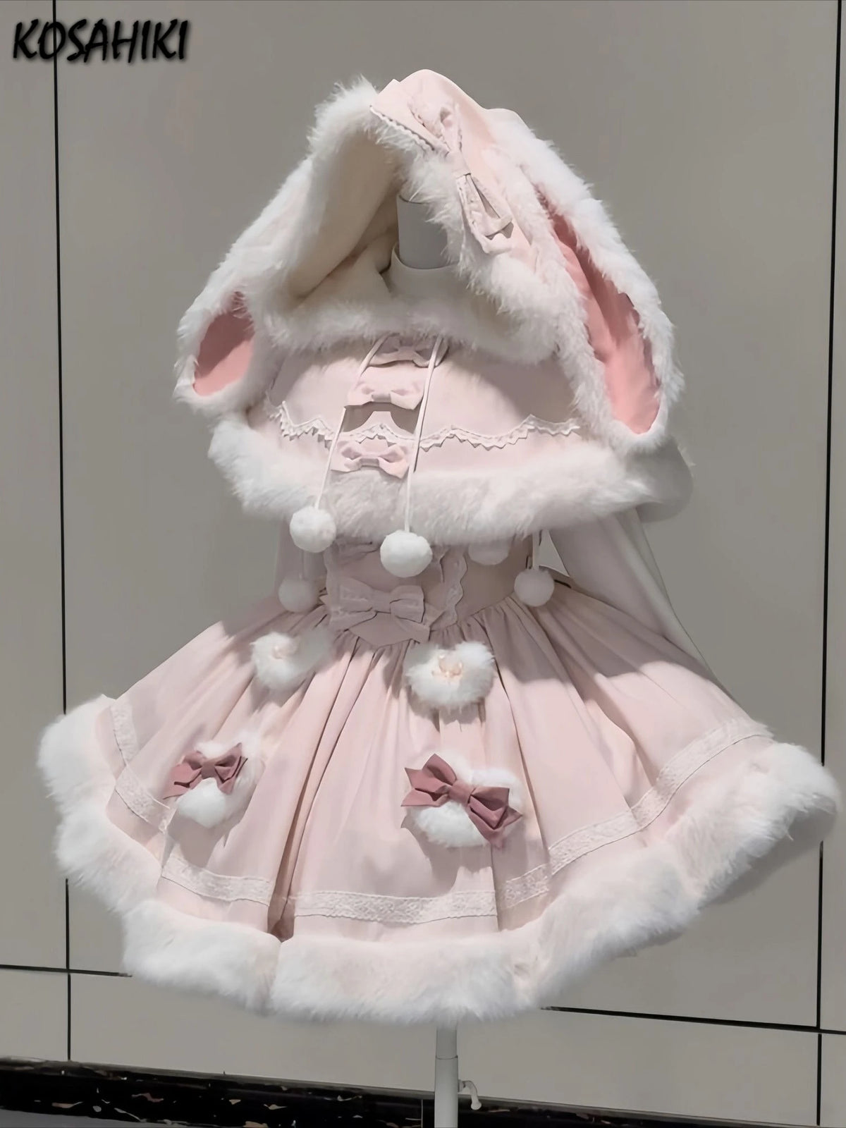 Japanese Lolita Two Pieces Set Women Sweet Patchwork Furry Slip Dress + Sweet Cute Rabbit's Ears Hooded Cape Coat JK Bow Suit