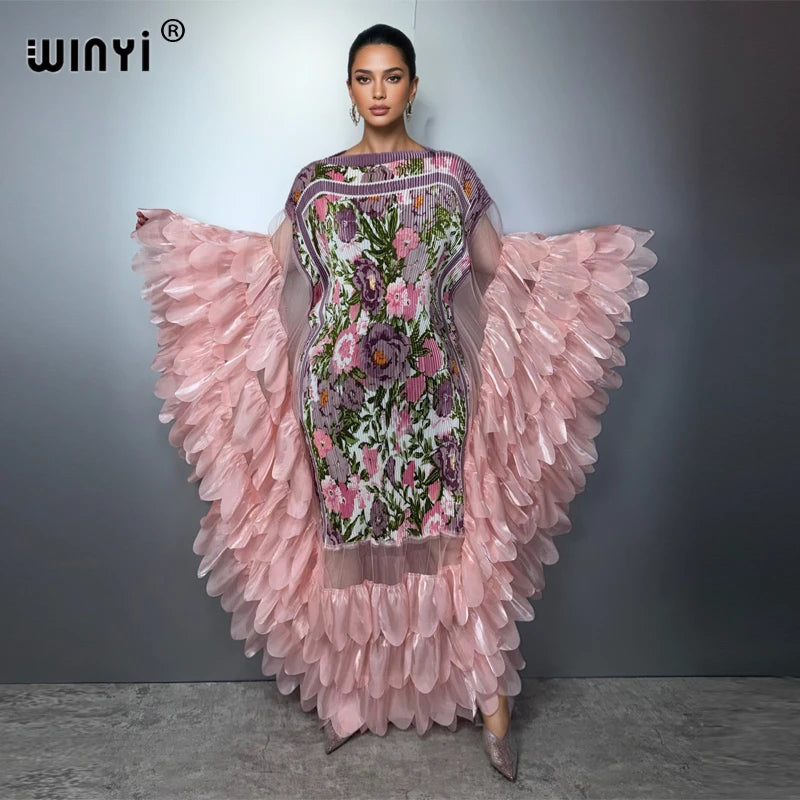 WINYI Summer Women's Casual Dresses Elastic Slim Pleated Dress Abaya Dubai Luxury Party Dress Muslim Woman Boho Evening Dress