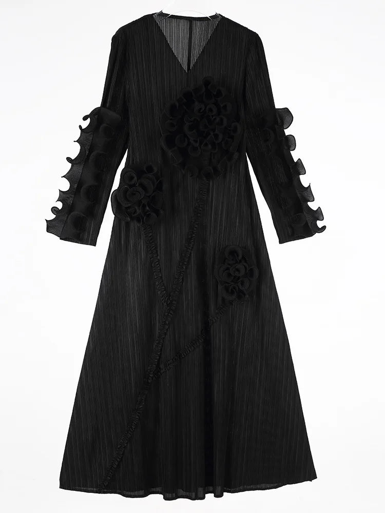 LANMREM Ruffled Edge Pleated Dress For Women Long Sleeves Embroidered Pullover Elegant Dresses Female Trendy Clothing 2DM1091