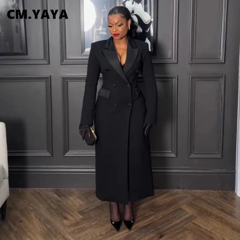 CM.YAYA Fashion Women OL Work Double Breasted Notched Long Sleeve Maxi Dress Spring Sexy Night Elegant Party Street Long Dresses