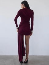 Mozision Irregular Draped Ruched Sexy Mini Dress Women Gown Elegant Turtleneck Long Sleeve High Waist Pleated Club Party Dress