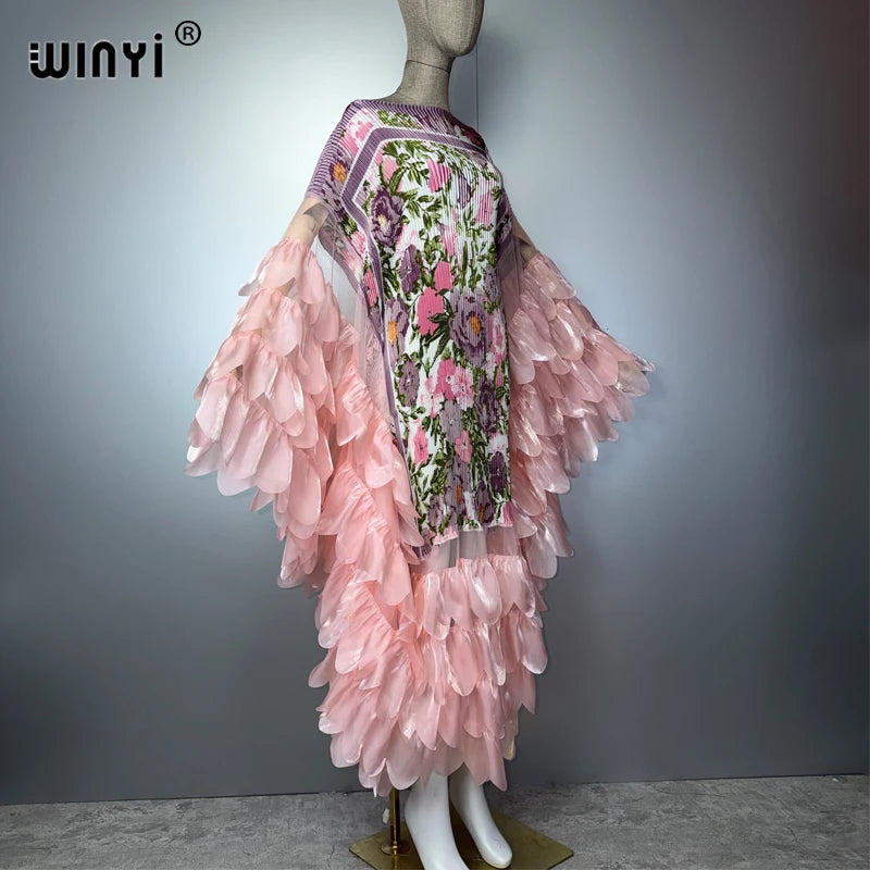 WINYI Summer Women's Casual Dresses Elastic Slim Pleated Dress Abaya Dubai Luxury Party Dress Muslim Woman Boho Evening Dress