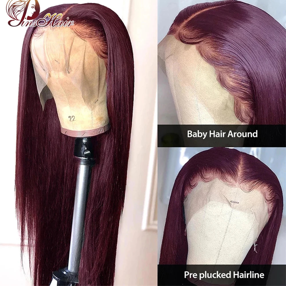 Burgundy Straight 13x6 HD Lace Frontal Wig Pre Plucked Remy Hair 99J Red Transparent Lace Front Human Hair Wigs With Baby Hair