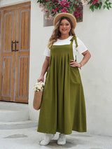 GIBSIE Plus Size Solid Tie Shoulder Overalls Dress For Women 2026 Summer Casual Loose Sleeveless Maxi Long Dresses with Pockets