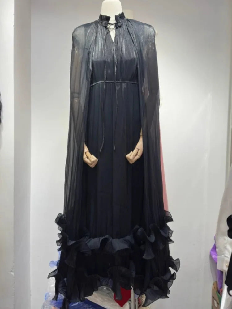 SHENGPALAE Commuting Style V-neck Cape Style Black Fungus Edge Double-layer Hem Dresses For Women 2026 Autumn New