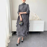 LANMREM Pleated Long Dress For Women Elastic Loose Irregular Pleated Stand Collar Pullover Famale Clothing Half Sleeve 2DB4256