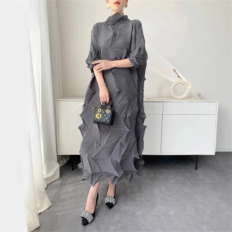 LANMREM Pleated Long Dress For Women Elastic Loose Irregular Pleated Stand Collar Pullover Famale Clothing Half Sleeve 2DB4256