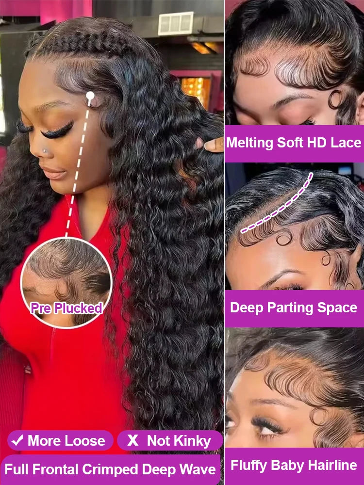 40 46 Inch Water Wave Curly Lace Front Wig 13x6 HD Deep Wave Lace Frontal Wig 300% Density Glueless Human Hair Wig For Women