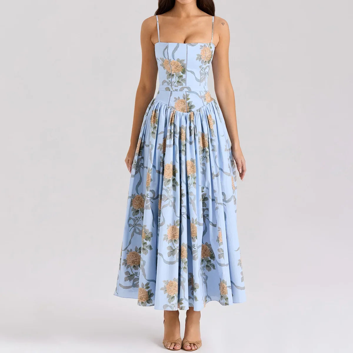 Oligai Floral Print Midi Sundress Elegant Spaghetti Strap Flowy Dress Aussie Summer Women Boho Chic Beach Dress