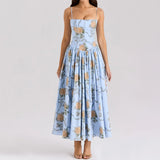 Oligai Floral Print Midi Sundress Elegant Spaghetti Strap Flowy Dress Aussie Summer Women Boho Chic Beach Dress