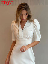 TTQV Summer Slim White Women's Dress 2025 Fashion V-Neck Short Sleeve Midi Dresses Elegant Classic High Waist Female Dress
