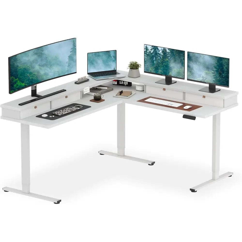 71 Adjustable Height L-Shaped Desk, White Top, with 4 Drawers and Monitor Stand for Gaming and Standing Work