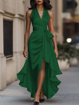 Freeacy Women's Deep V-neck Ruffled Evening Gowns Solid Color Lace-up High Waist Satin Party Dresses Wedding Guests Dress