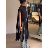 Loose Fringe Short-sleeved T-shirt Top for Women 2025 Summer New Black Long Pullover Smock Mainland China Graphic T Shirts