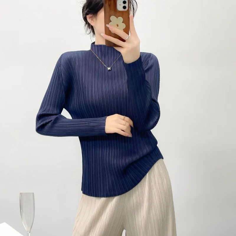 Miyake Pleated Half-High Collar Long Sleeve T-Shirt 2026 New Simple Casual Fashion Base Shirt Stretchy Women's Lightweight Top