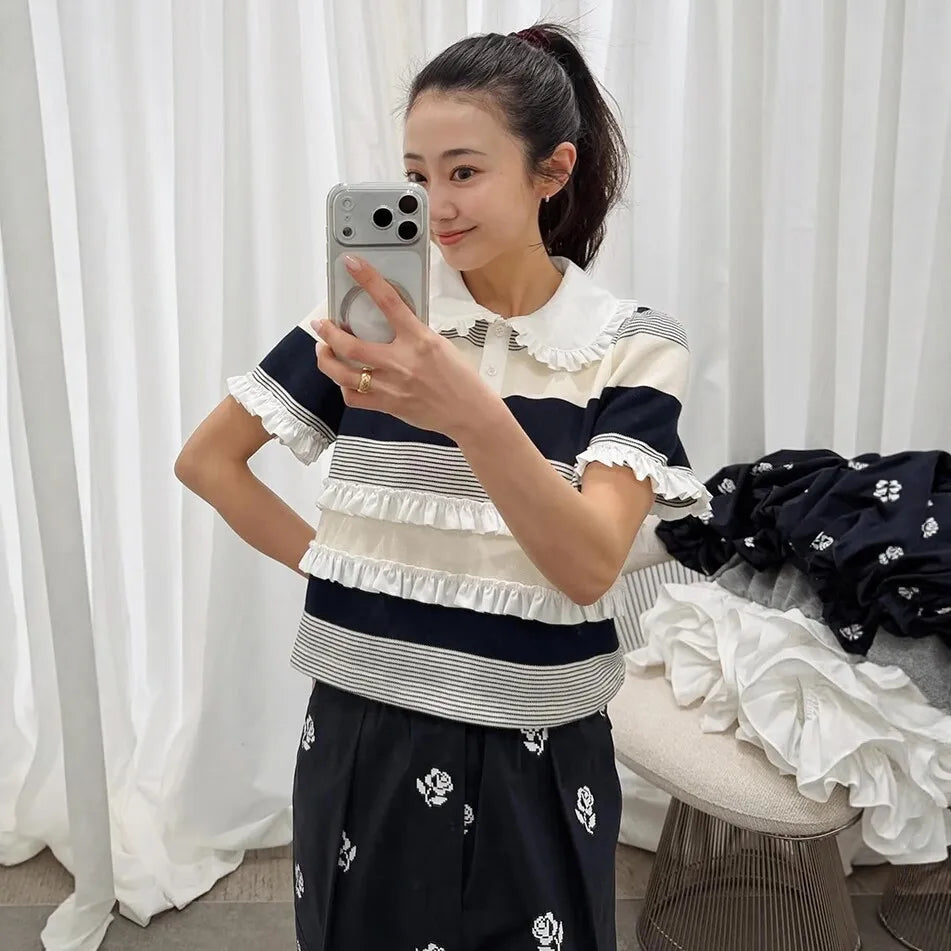 Japanese Style Sweet Women's Short Sleeve Knit Top 2026 Summer Lady Fashion Letter Embroidery Casual Knit Shirt Female T-Shirt