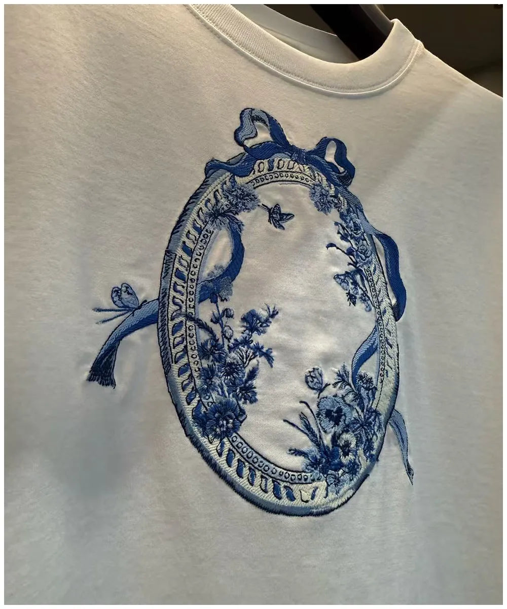 Women's Summer Round Neck White Bow Embroidered Loose T-shirt